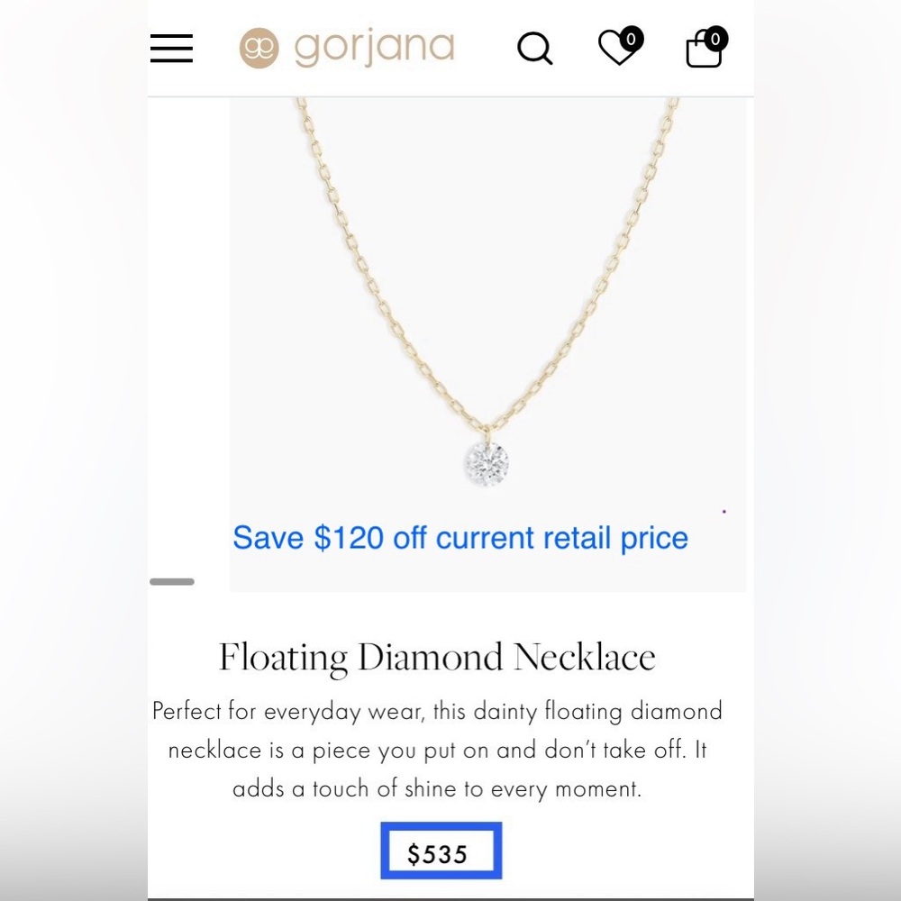 Gorjana 18k Gold Floating Diamond Pendant Necklace with original receipt